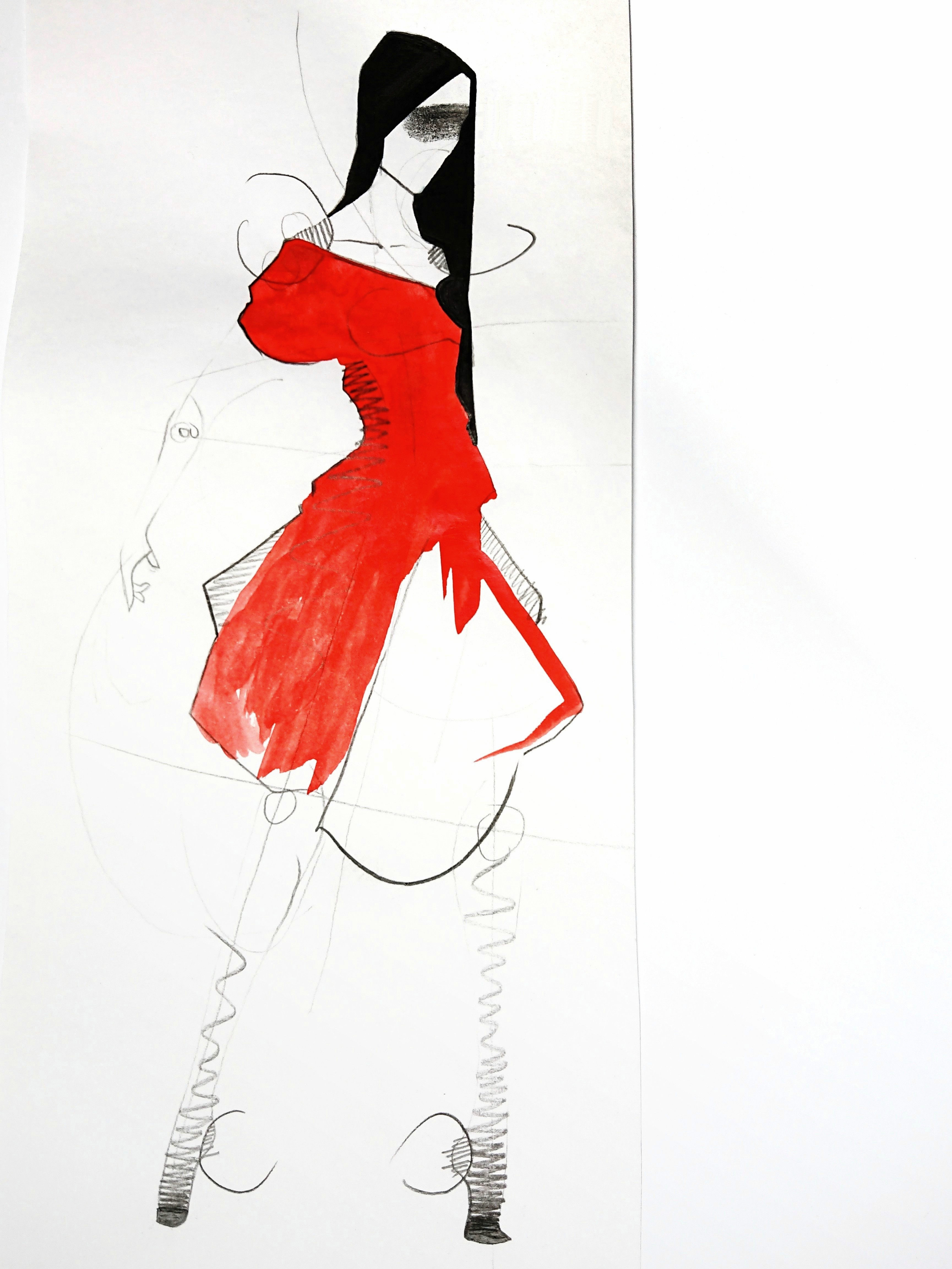 Silhouettenfindung auf Modefigurine mit rotem Kleid und schwarzen Haaren auf A4